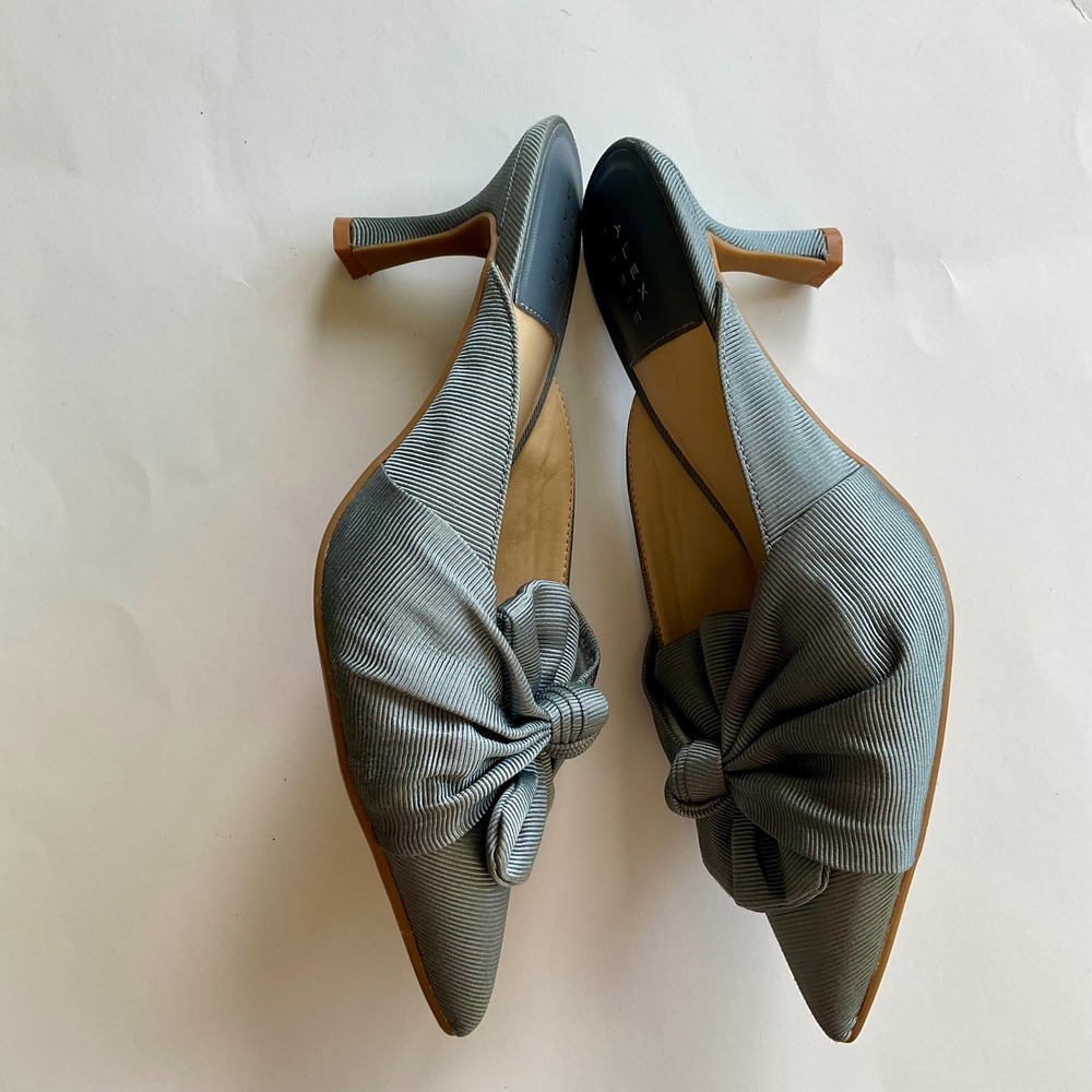 Alex Marie Slate Blue Ribbed Bow Pointed Toe Mule Kitten Heels Slip On Pumps 6.5 - Picture 4 of 12